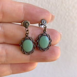 Romantic vintage earrings with teal oval ceramics.